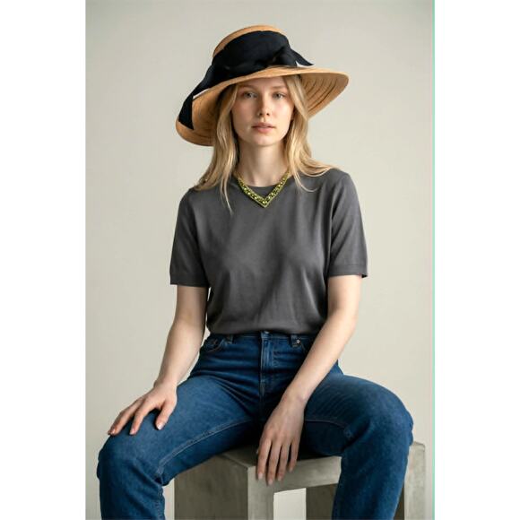 Four Buttons Straw Sun Hat Wide Brim Black Ribbon Coastal Chic One Size Summer main image 4